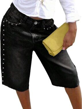 Women's Bermuda Denim Y2k Punk Studded Straight Leg Jean Shorts - NWOT - M